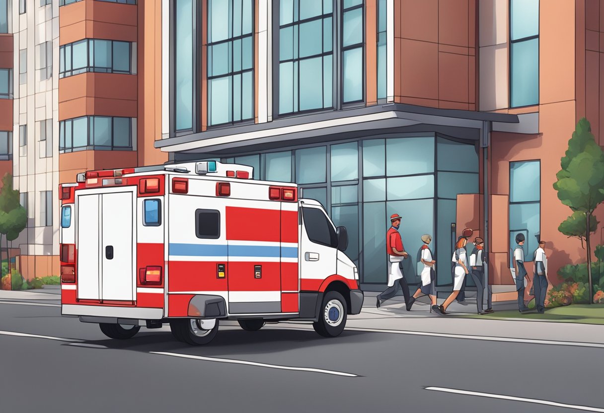 Uma ambulância vermelha e branca estacionada do lado de fora de um prédio com luzes piscando e paramédicos correndo para ajudar