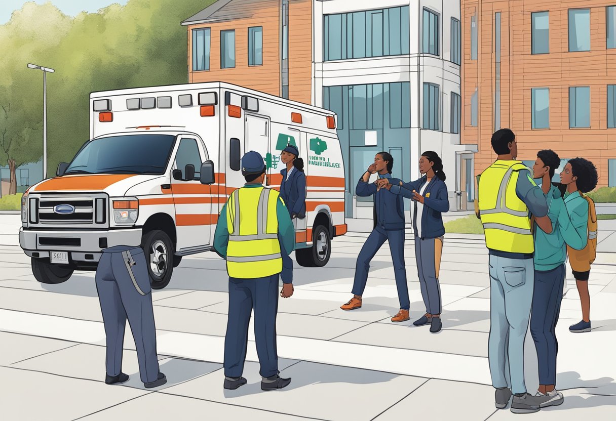 Um grupo de pessoas está do lado de fora de um edifício, discutindo e apontando para um veículo de serviço de ambulância. A cena transmite uma sensação de tomada de decisão e consideração.