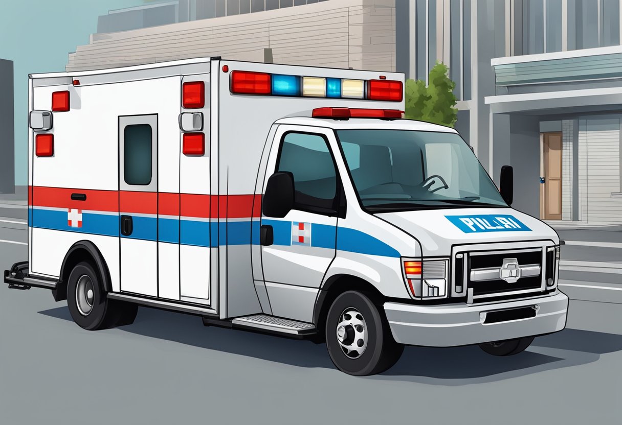 Uma ambulância com luzes piscando e uma maca sendo carregada