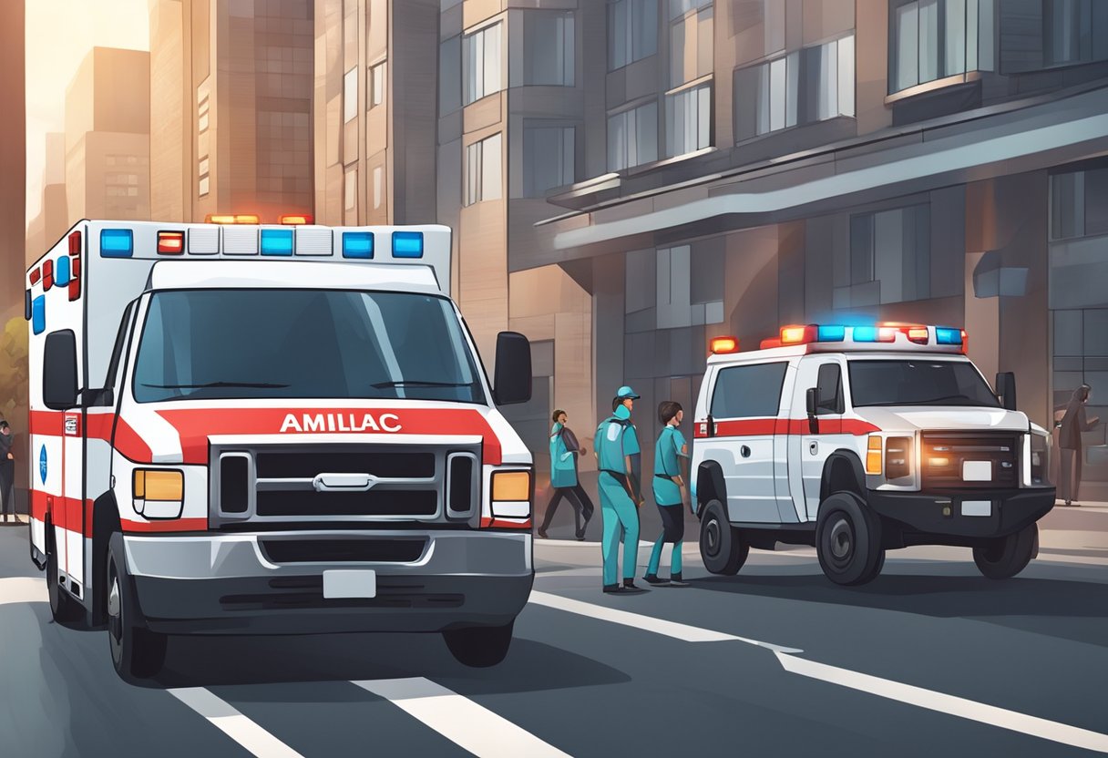 Uma ambulância com luzes piscando e sirenes acelera por uma rua movimentada da cidade. Outra ambulância está estacionada do lado de fora de um hospital, com a equipe médica transferindo um paciente em uma maca.