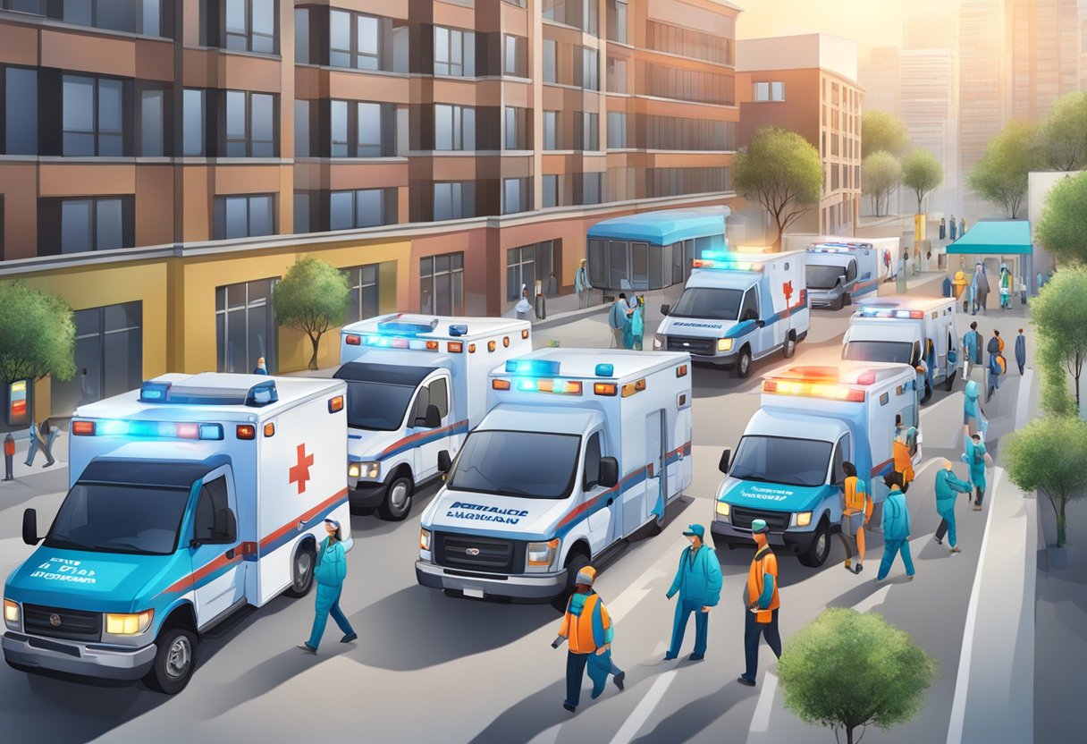 Ambulâncias com luzes piscando e profissionais de saúde transferindo pacientes