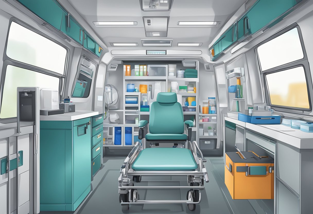 Equipamentos médicos organizados de forma ordenada dentro da ambulância para transferência de pacientes