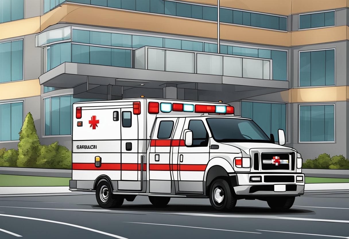 Uma ambulância estacionada em frente a um hospital, com suas luzes piscando e a maca pronta para um paciente.