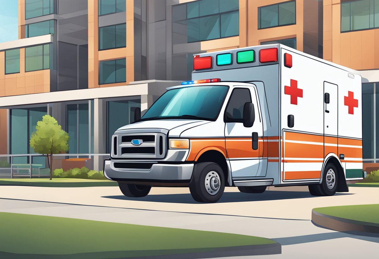 Uma ambulância estacionada em frente a um hospital, com uma lista de preços clara e várias opções de pagamento exibidas em uma placa próxima.