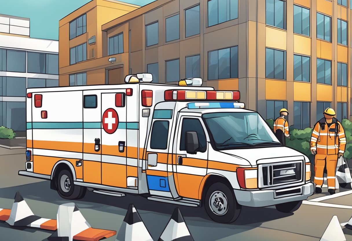 Uma ambulância estacionada em frente a um hospital, com paramédicos carregando uma maca no veículo. A cena é cercada por sinais de segurança e cartazes regulatórios.