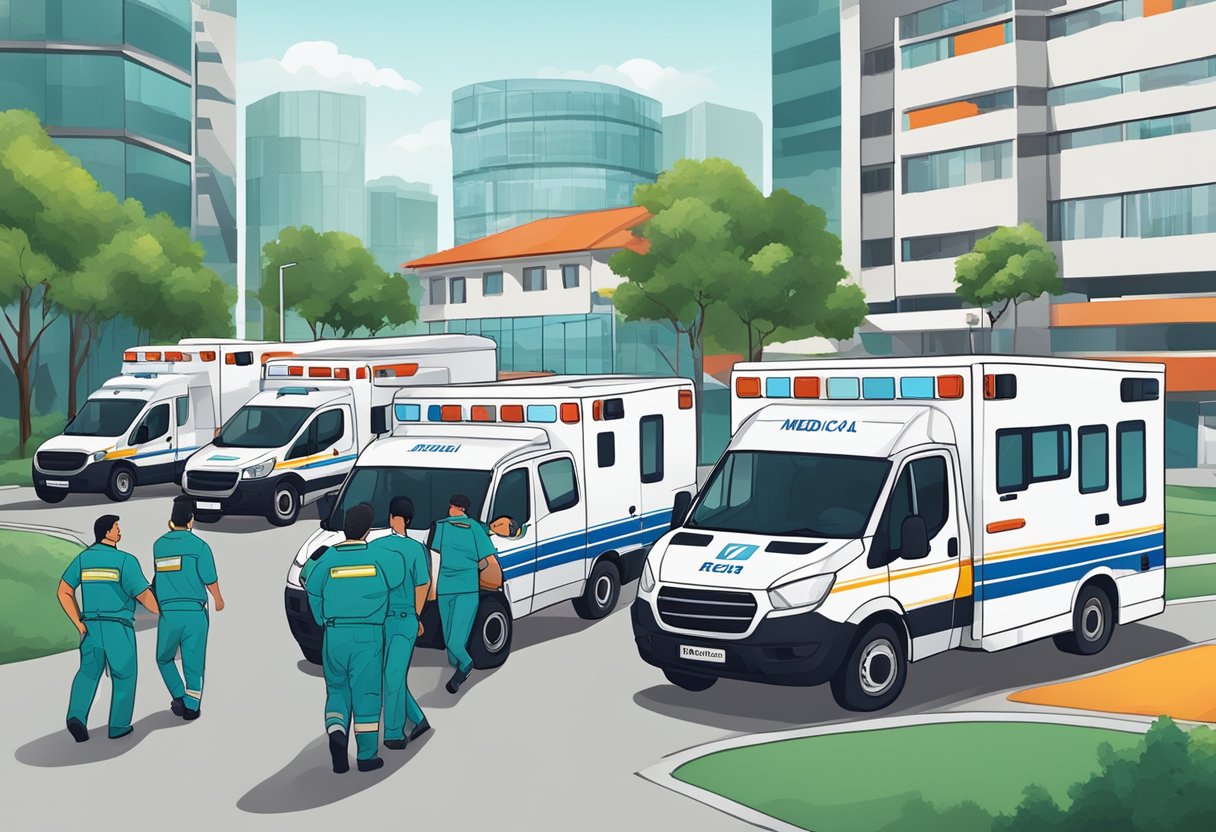 Uma equipe médica respondendo a uma emergência em Curitiba, com ambulâncias e pessoal de emergência no local.