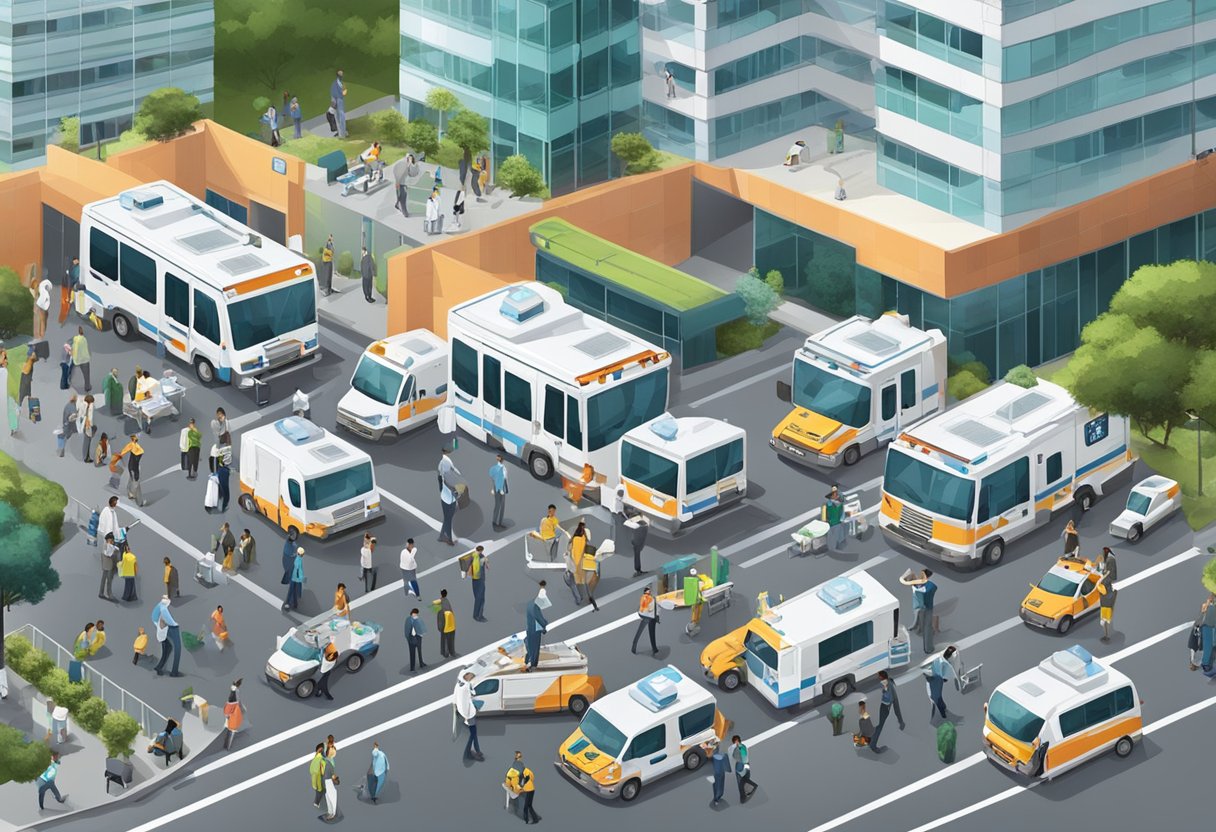 Um movimentado centro de emergência médica em Curitiba, com ambulâncias chegando e partindo, equipes médicas correndo para atender os pacientes e uma sensação de urgência no ar.