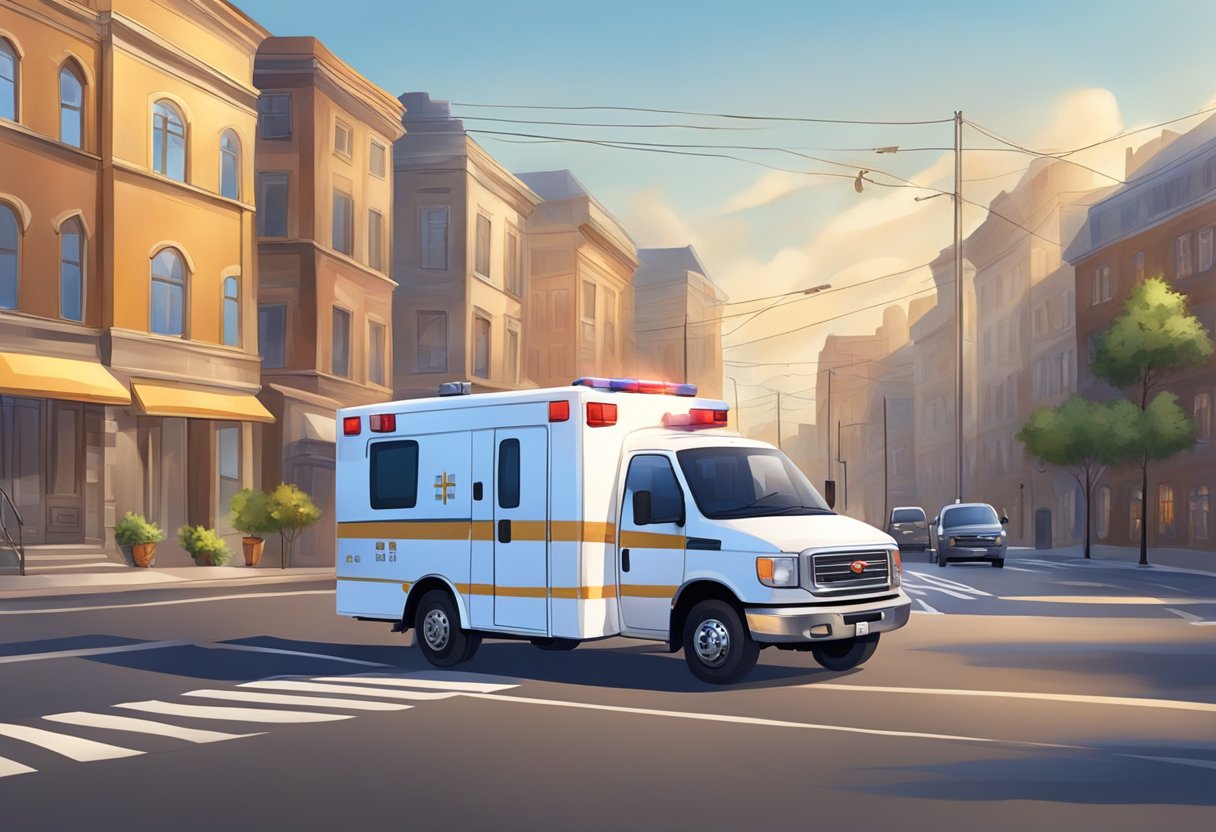 Uma rua tranquila da cidade com um veículo de emergência médica e uma atmosfera serena