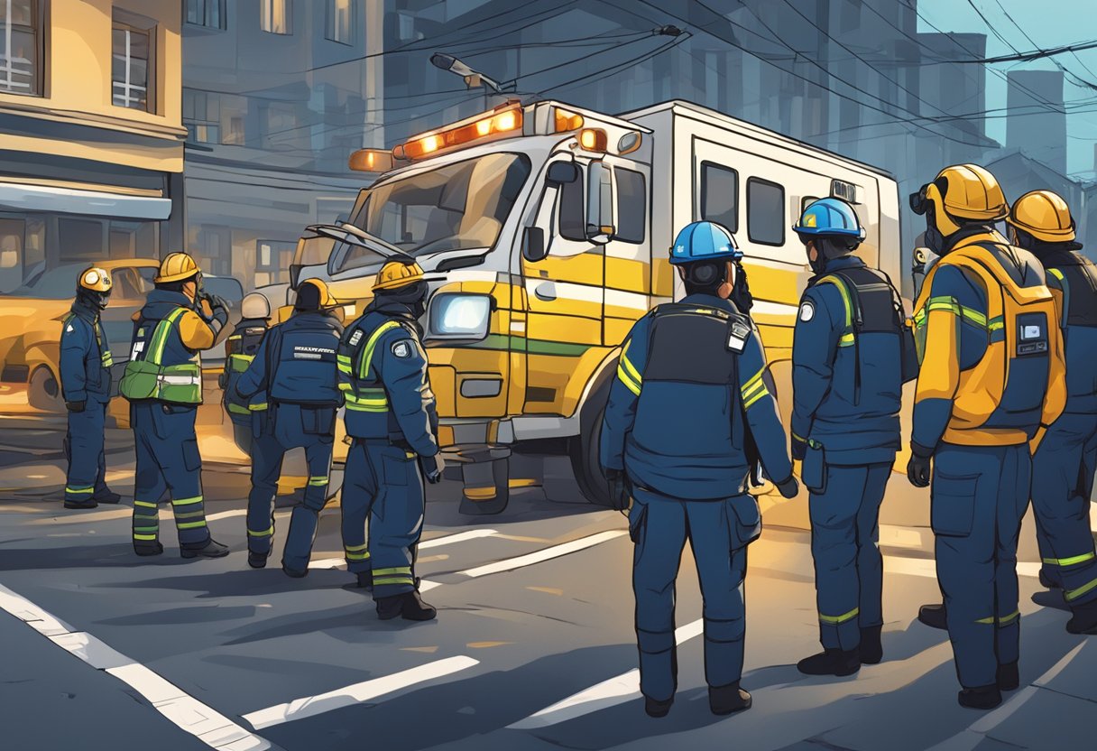 Uma pessoa em Curitiba pedindo ajuda médica, enquanto os socorristas correm para o local com luzes piscando e sirenes.