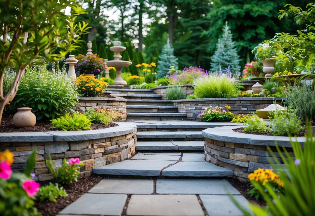 A serene garden with a variety of hardscape elements such as stone pathways, retaining walls, and decorative features, surrounded by lush greenery and colorful flowers