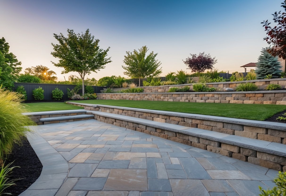 A well-designed outdoor space with stone pathways, a patio area, and carefully placed retaining walls, complemented by carefully selected plants and trees