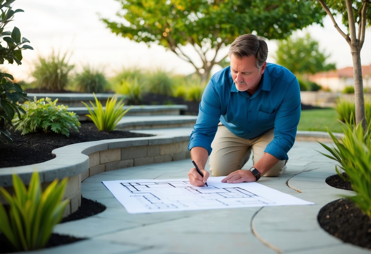 A landscape designer sketching hardscape elements like patios, walkways, and retaining walls, surrounded by plants and trees