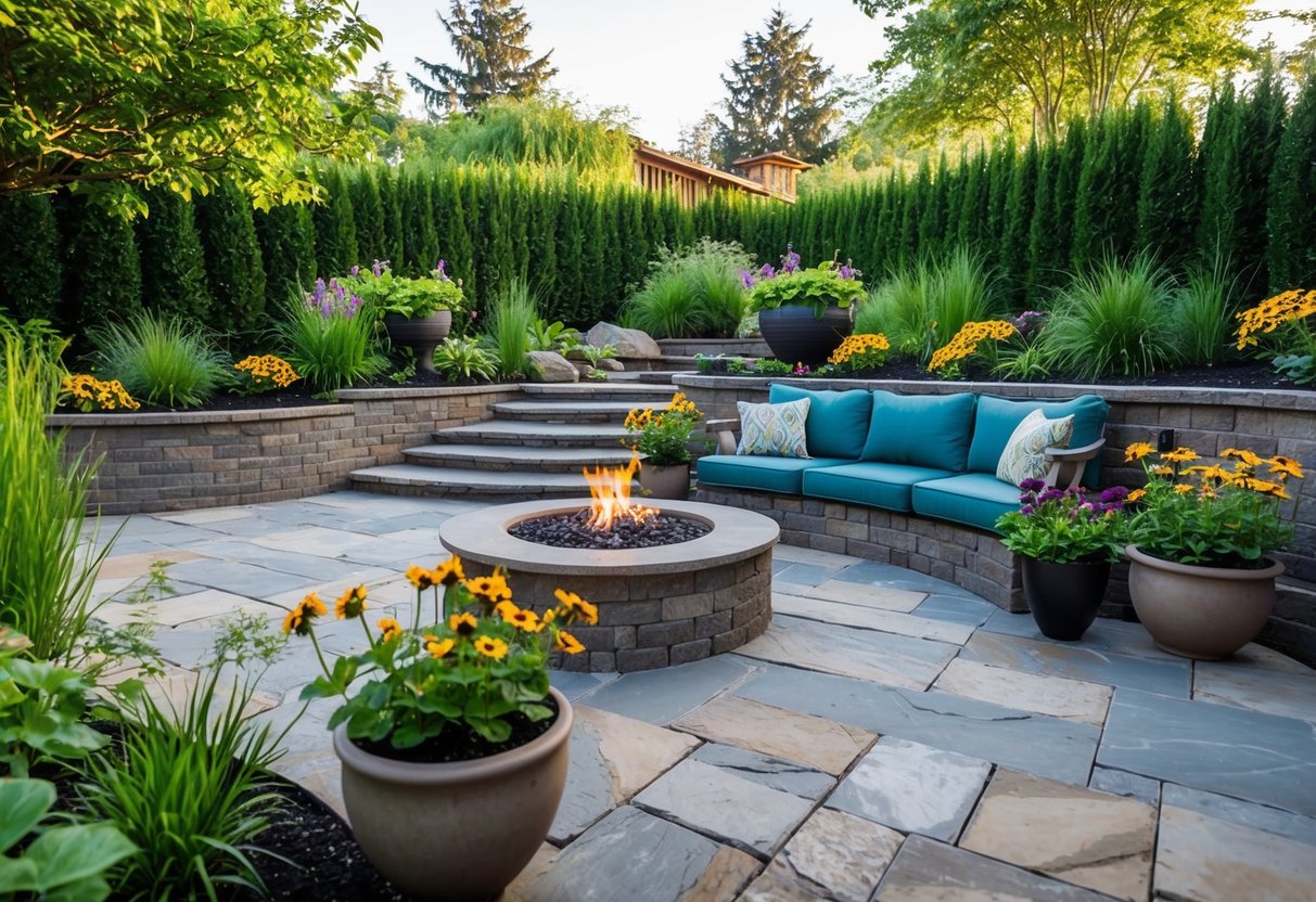 A garden with stone pathways, a patio with a fire pit, and a retaining wall surrounded by lush plants and flowers