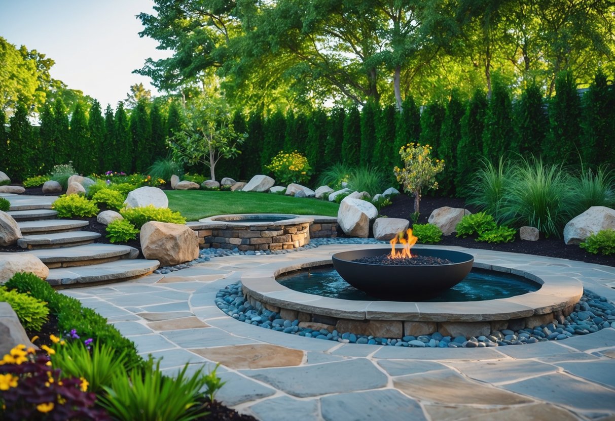 A lush garden with stone pathways, a patio with a fire pit, and a water feature surrounded by carefully placed rocks and boulders