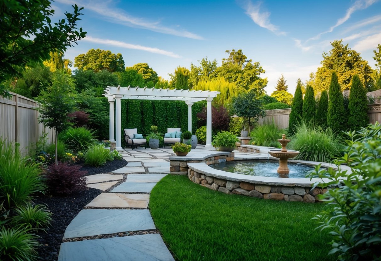 A serene backyard garden with a variety of hardscape elements such as stone pathways, a pergola, and a water feature surrounded by lush greenery