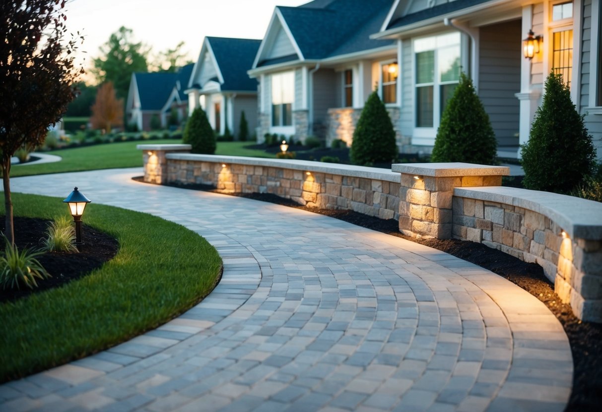 A well-designed hardscape featuring a paved walkway, decorative stone walls, and carefully placed outdoor lighting, enhancing the overall curb appeal and value of the property