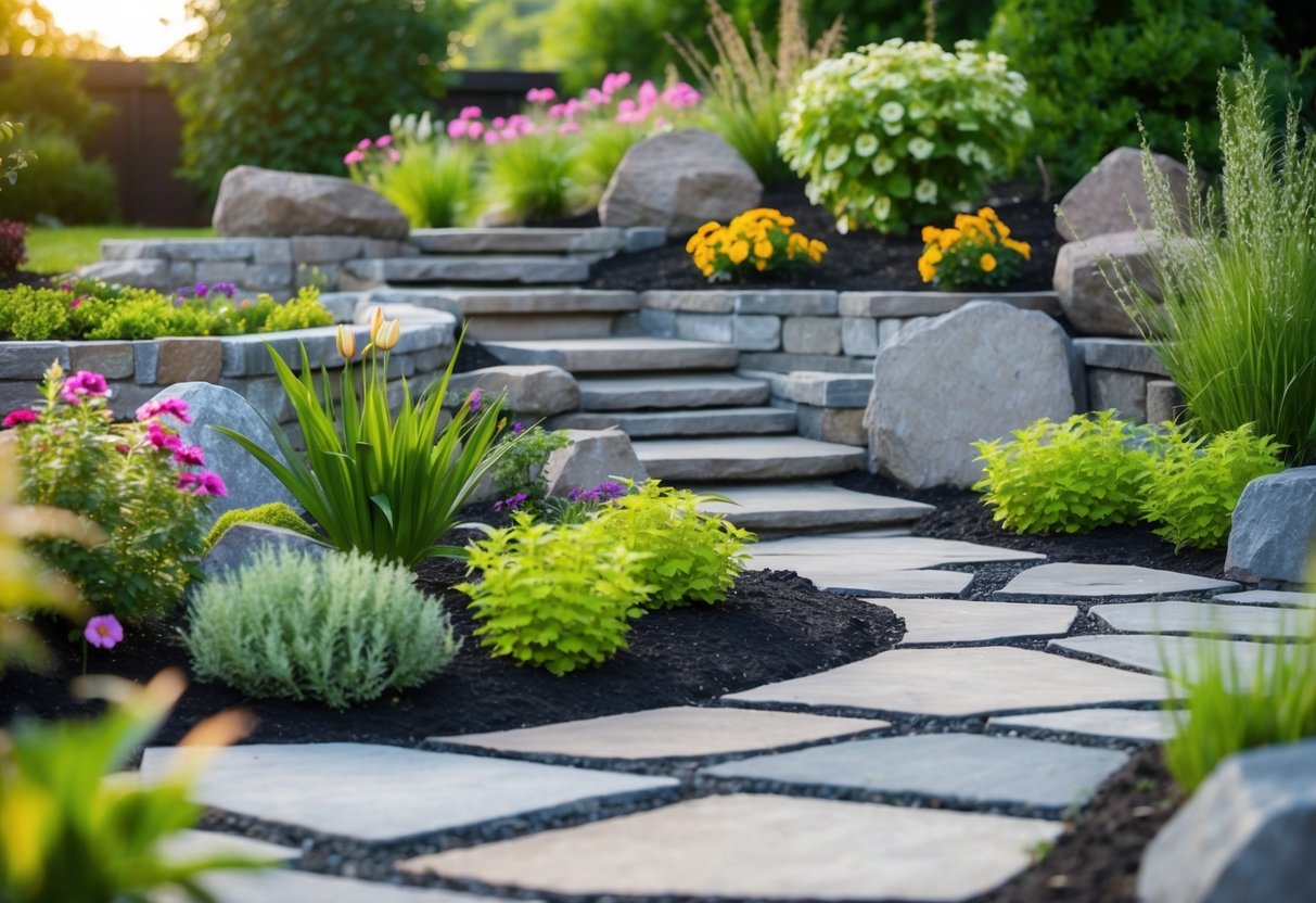 A garden with a variety of hardscaping elements, such as stone pathways, retaining walls, and decorative rocks, integrated with lush greenery and vibrant flowers
