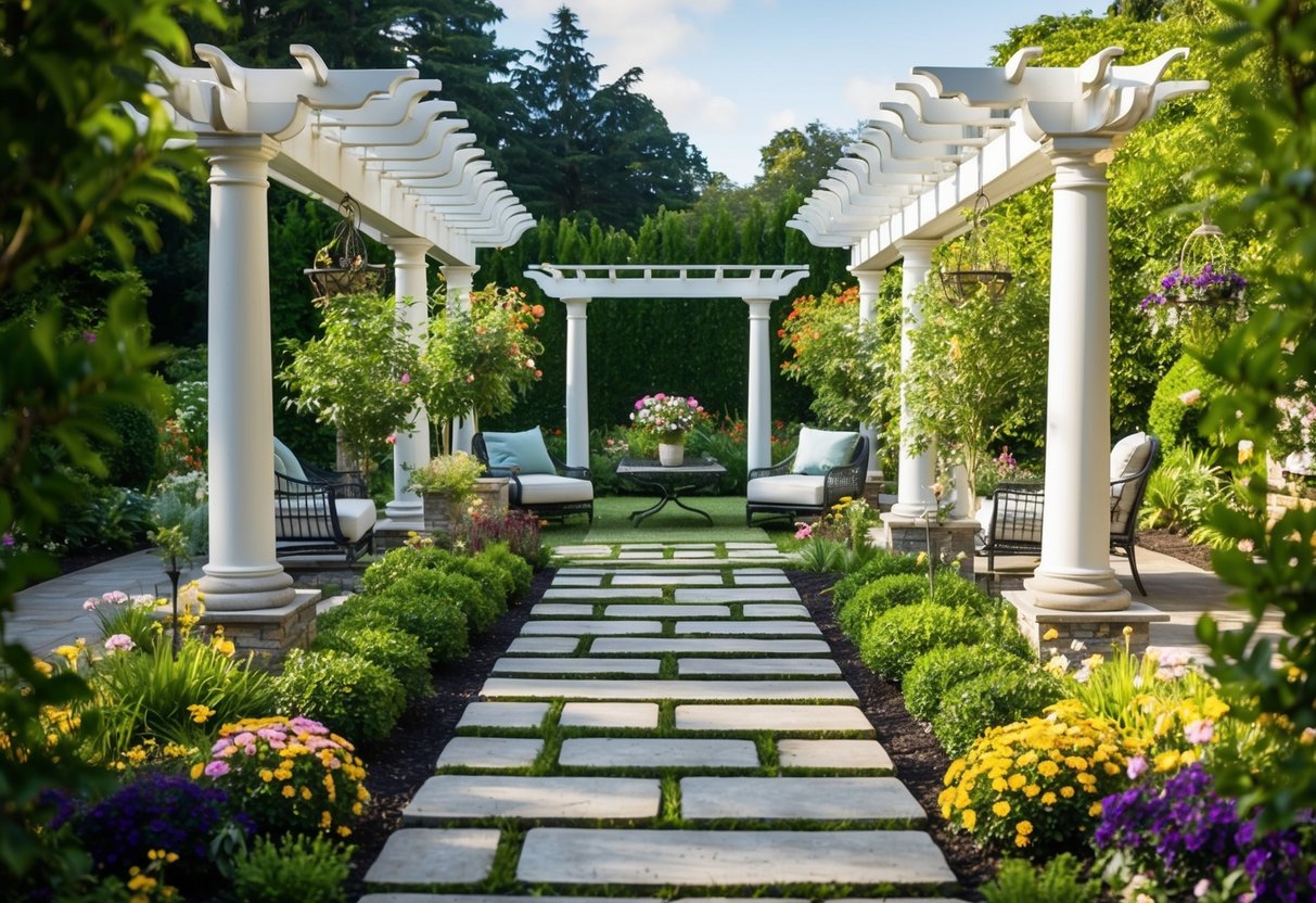 A garden with carefully placed stone pathways, elegant pergolas, and artfully arranged outdoor furniture surrounded by lush greenery and colorful flowers