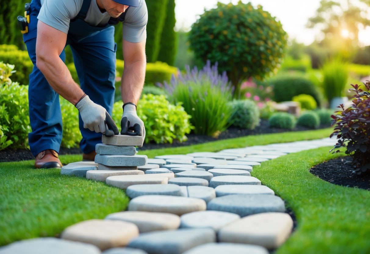 A hardscaping professional carefully arranges stones and pavers to create an intricate and visually appealing pathway in a lush garden landscape