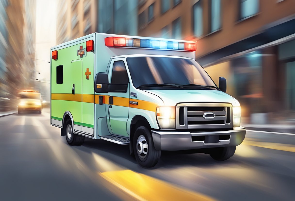 Uma ambulância particular acelerando pelas ruas da cidade com luzes piscando e sirenes soando