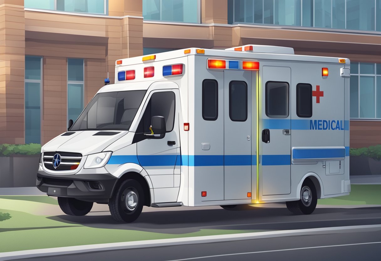 Uma ambulância particular estacionada do lado de fora de uma unidade médica, equipada com luzes piscantes, uma maca e suprimentos médicos visíveis através das janelas.