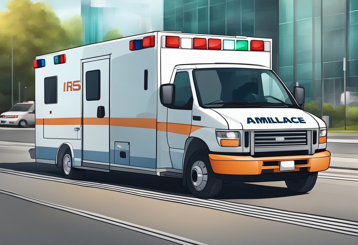 Uma ambulância com profissionais de saúde, motorista e paciente dentro, a caminho de um transporte médico privado.