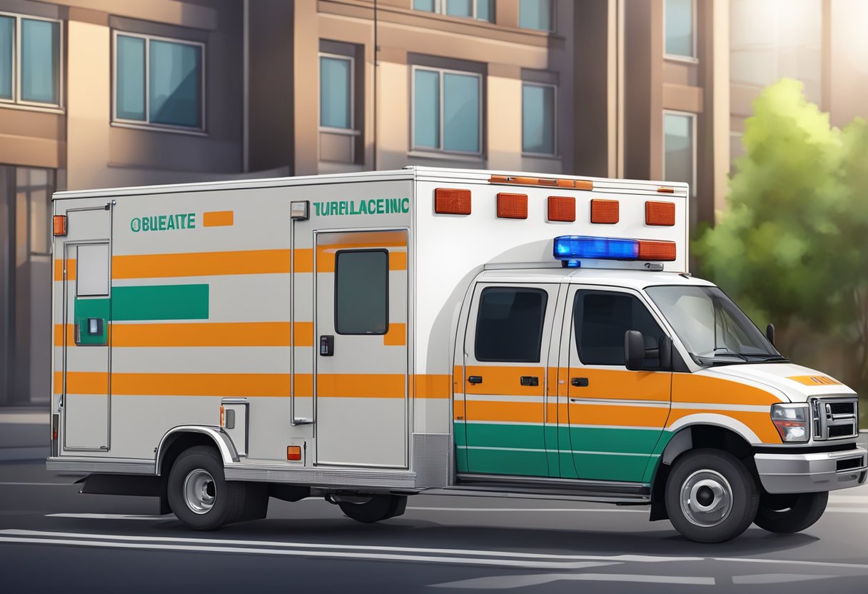 Uma ambulância particular estacionada do lado de fora de um prédio, com suas luzes piscando e as portas traseiras abertas, pronta para transportar pacientes.