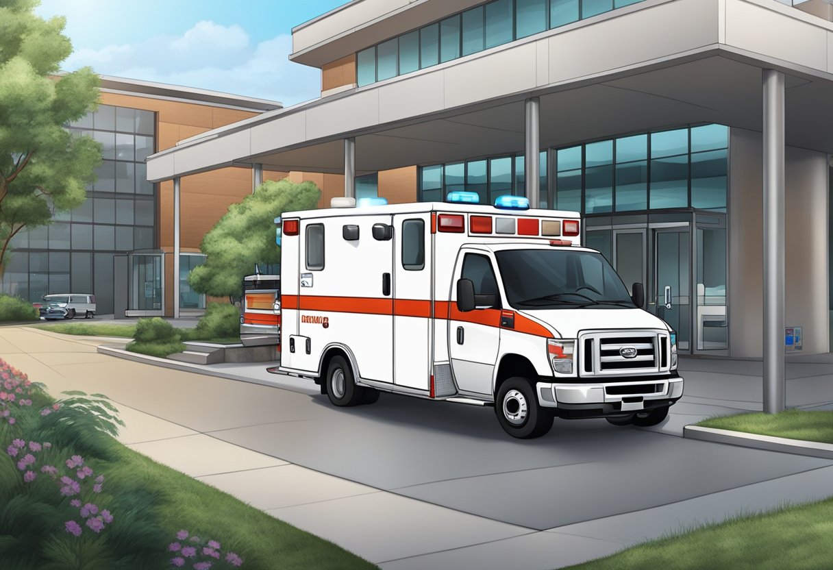 Uma ambulância estacionada do lado de fora de uma unidade médica, com paramédicos carregando equipamentos e se preparando para o transporte.