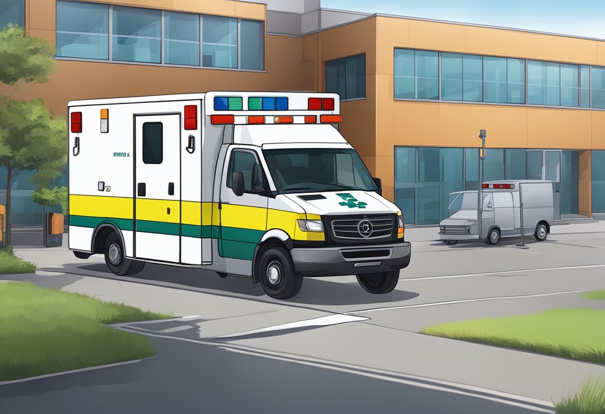 Uma ambulância estacionada do lado de fora de um hospital, com um paramédico conversando com um potencial cliente sobre serviços de transporte comercial.