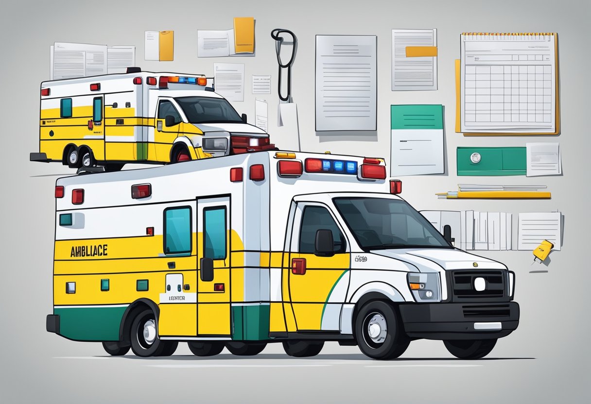 Uma ambulância com marcas únicas e um conjunto de regulamentos exibidos de forma proeminente no exterior, cercada por documentos legais e papéis.