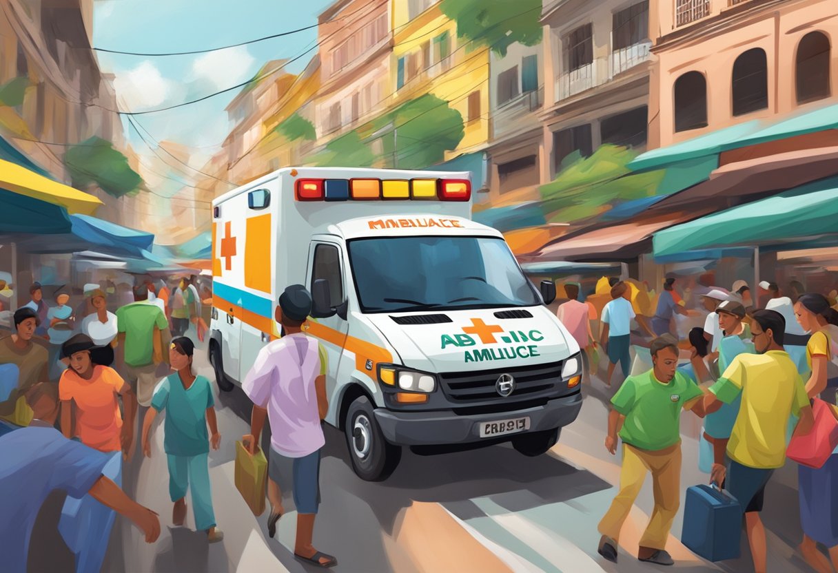Uma ambulância acelerando por um movimentado mercado brasileiro, navegando por ruas lotadas e barracas coloridas.