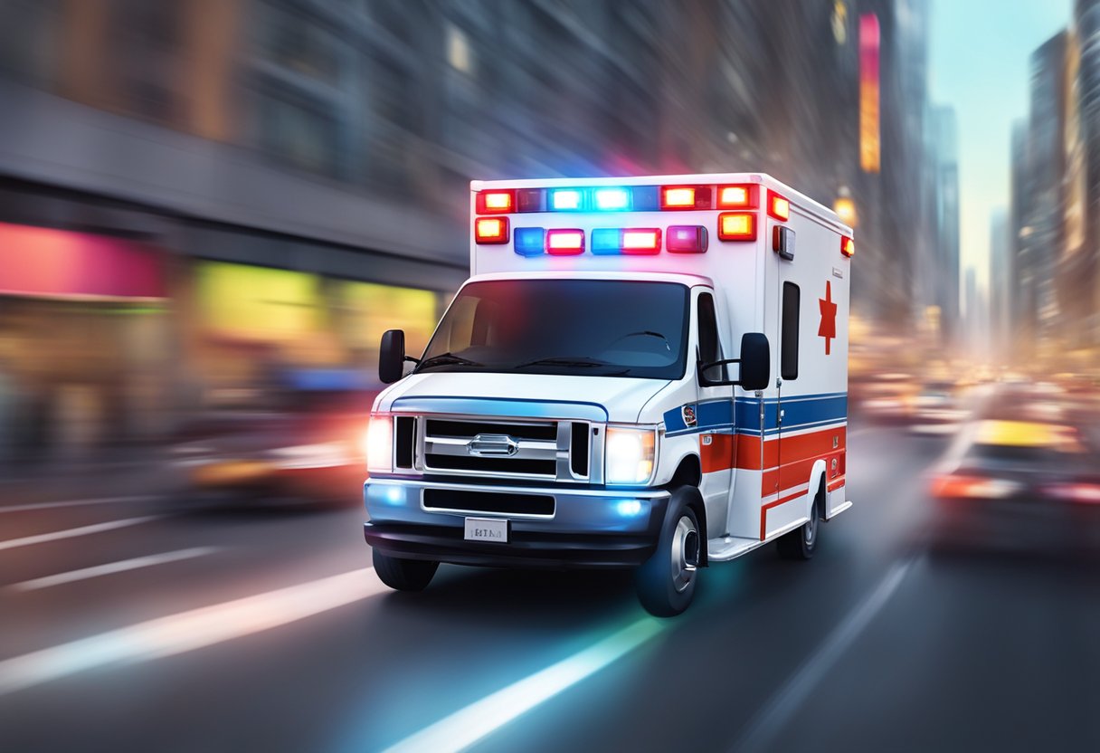 Uma ambulância particular acelerando por uma rua da cidade com luzes piscando e sirenes, navegando pelo trânsito em direção a um destino