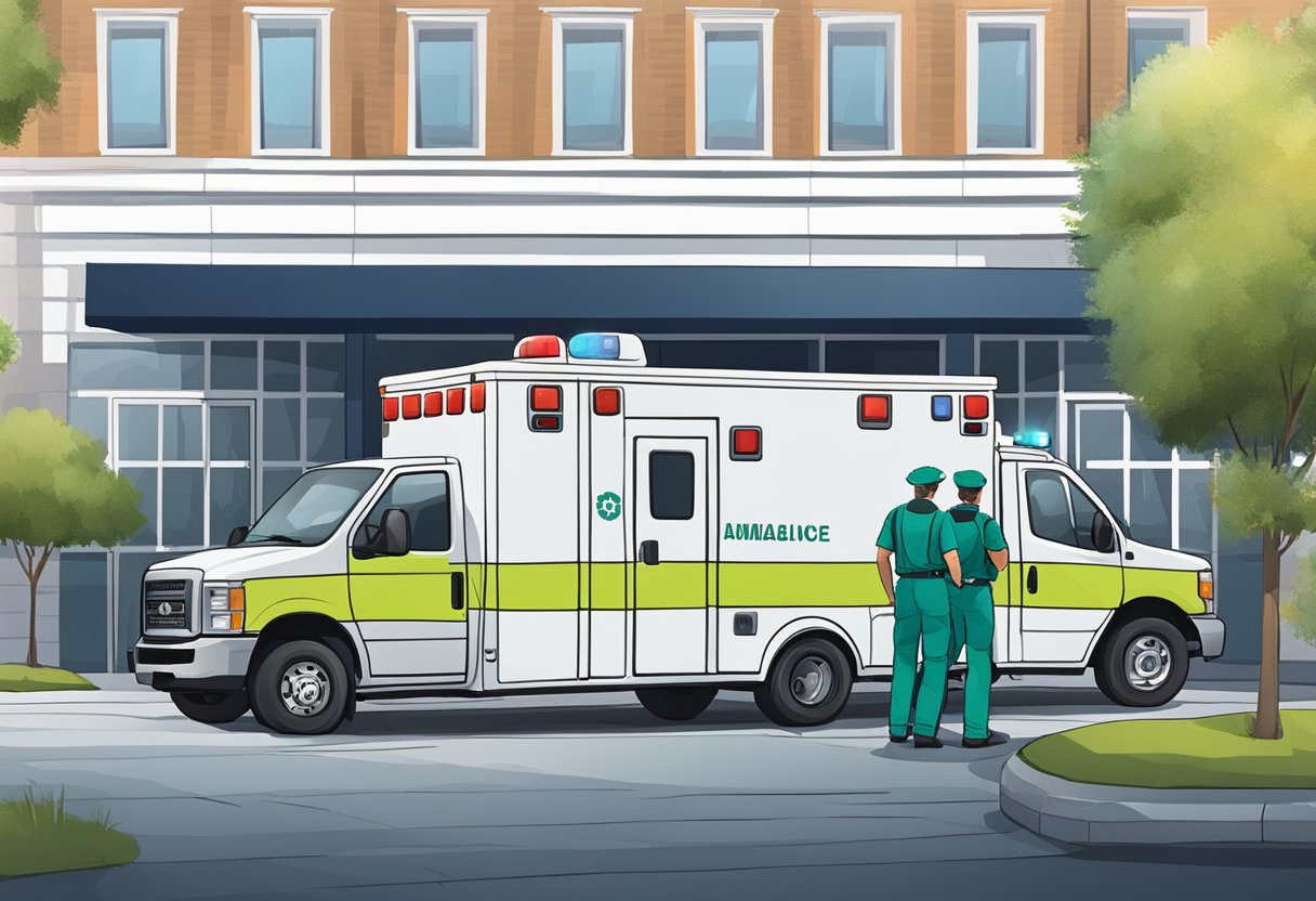 Contratar Ambulância para Evento: Guia Essencial para Segurança em Festas 3 Uma ambulância estacionada do lado de fora de um local de evento, com paramédicos ao lado preparando equipamentos médicos.