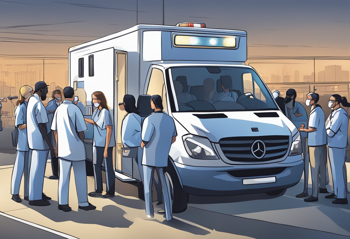 Contratar Ambulância para Evento: Guia Essencial para Segurança em Festas 5 Uma equipe médica em ação em um evento, com uma ambulância estacionada nas proximidades.