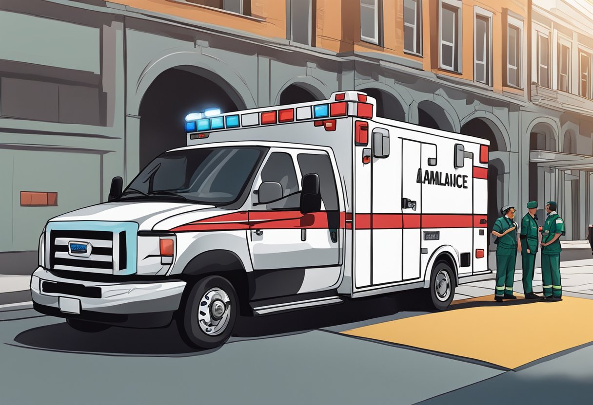 Contratar Ambulância para Evento: Guia Essencial para Segurança em Festas 6 Uma ambulância estacionada do lado de fora de um local, com paramédicos prontos para fornecer assistência médica para um evento.