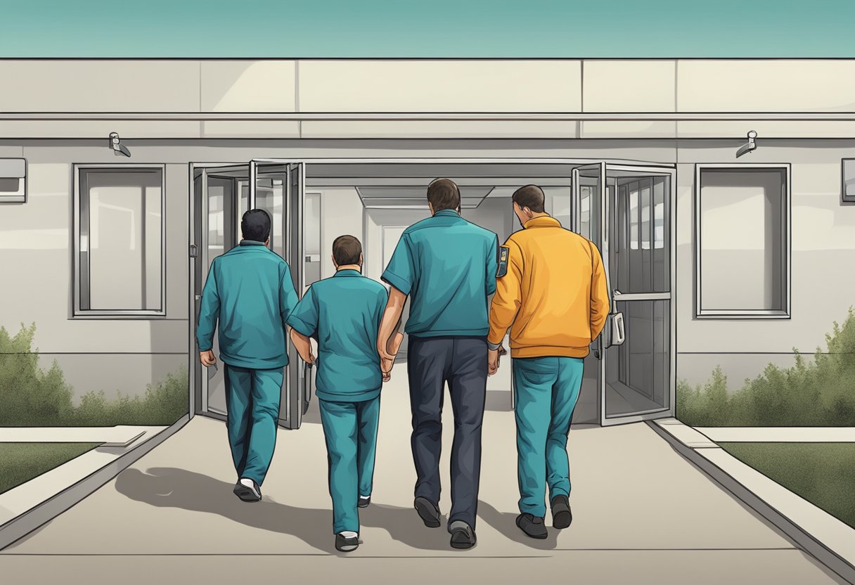 Uma pessoa sendo acompanhada por autoridades para uma instalação de tratamento para reabilitação compulsória de drogas.