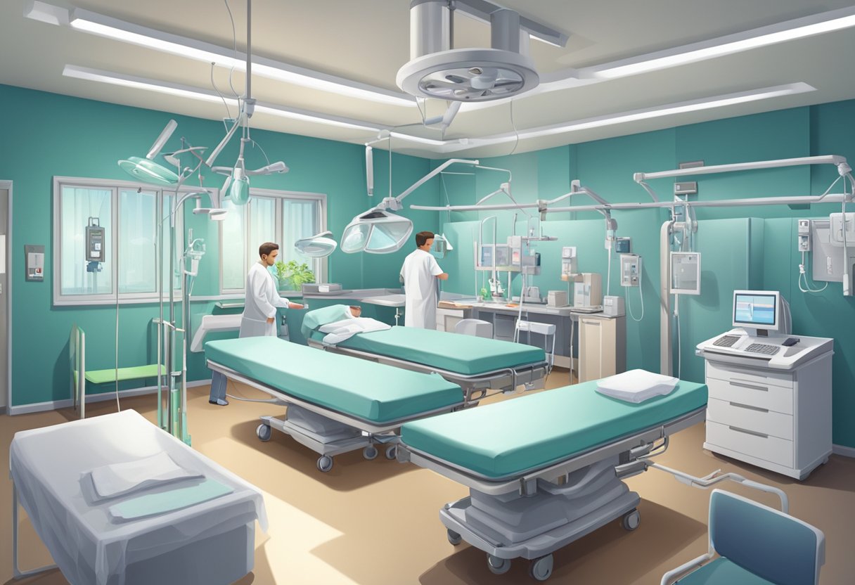 Um quarto de hospital estéril com uma cama e equipamentos médicos, cercado por membros da família preocupados e profissionais de saúde.