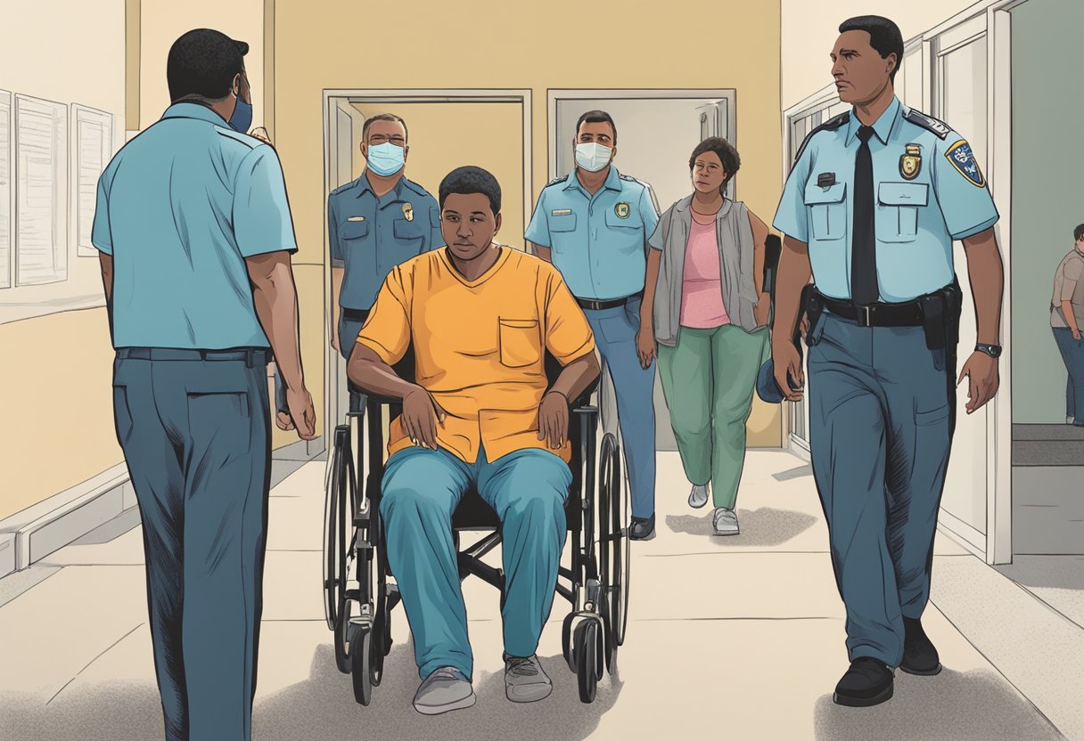 Uma pessoa sendo escoltada para uma unidade de tratamento por autoridades, com familiares preocupados observando à distância.