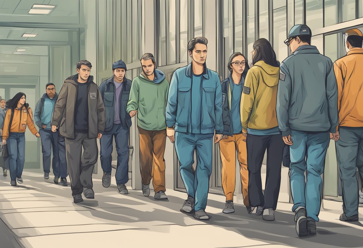 Um grupo de pessoas sendo escoltado por autoridades para um centro de tratamento para internação compulsória sob a política pública de dependência química.