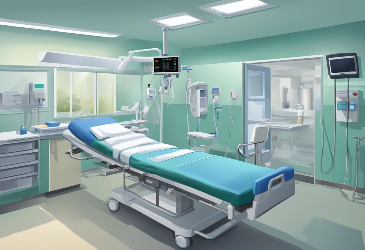 Uma sala estéril e clínica com equipamentos médicos e uma cama de hospital. Uma pessoa está sendo contida por profissionais de saúde enquanto recebe tratamento para dependência química.