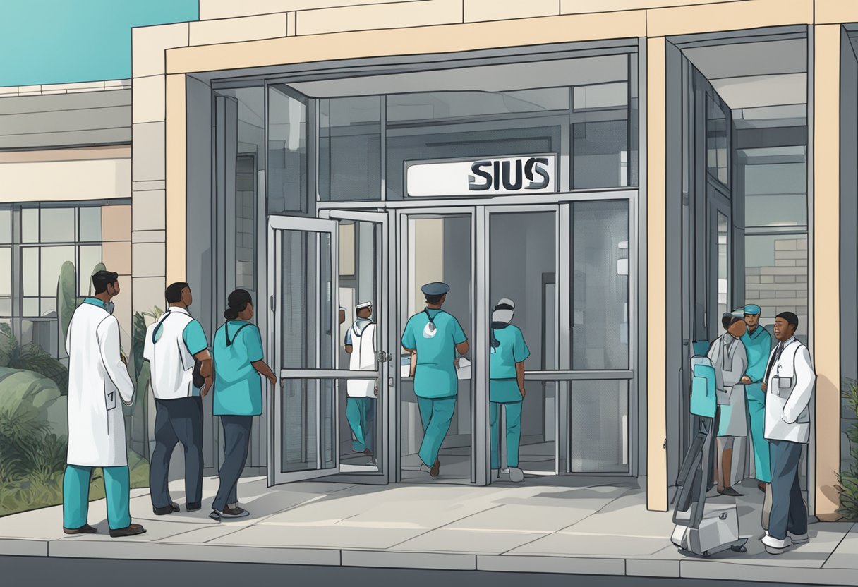 Uma instalação médica com janelas gradeadas e uma placa com a inscrição "SUS" na entrada. Um grupo de pessoas em situação de angústia sendo escoltado para dentro por trabalhadores da saúde.