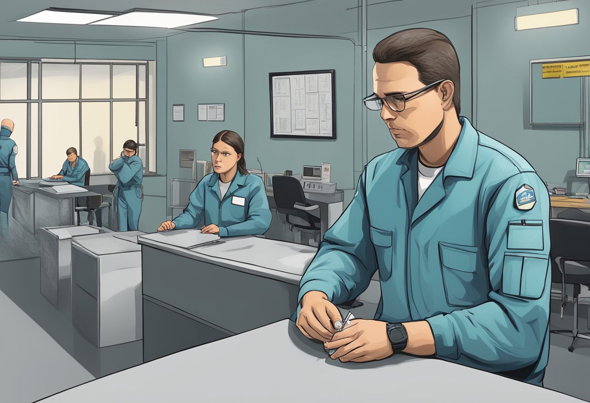 Um agente da ANVISA supervisionando o internamento compulsório de dependentes químicos em um ambiente clínico