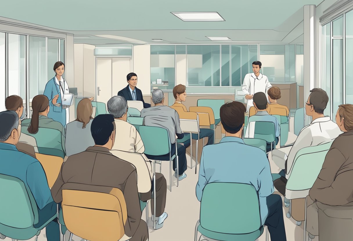 Um grupo de pessoas debatendo princípios éticos e o direito à saúde em um ambiente hospitalar, com foco na internação compulsória para dependentes químicos.