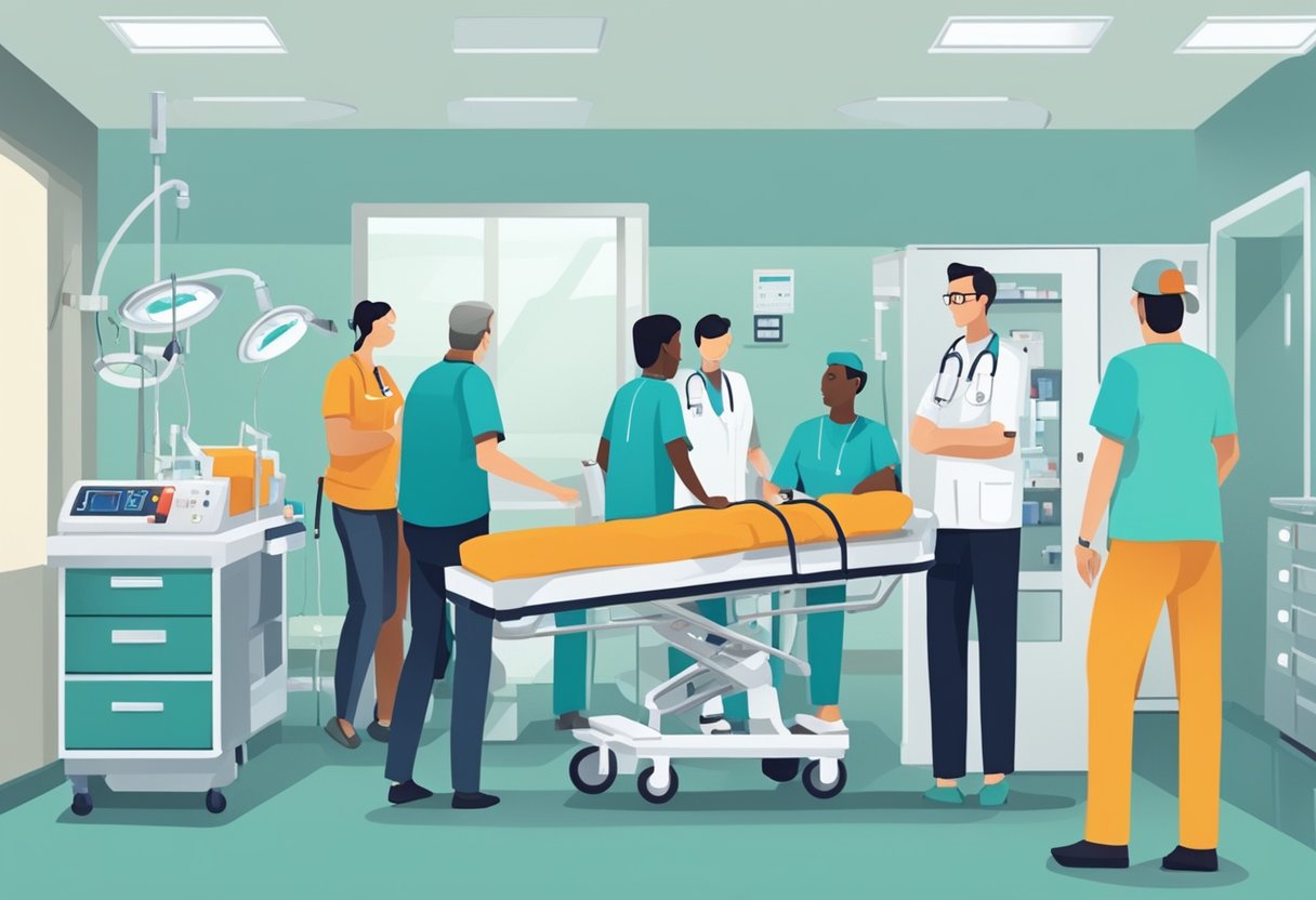 Uma sala de emergência movimentada com equipamentos médicos, um paciente em uma maca e profissionais de saúde atendendo à situação urgente.