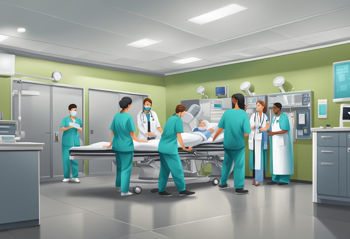 Uma sala de emergência movimentada com profissionais de saúde atendendo pacientes que precisam de cuidados urgentes.