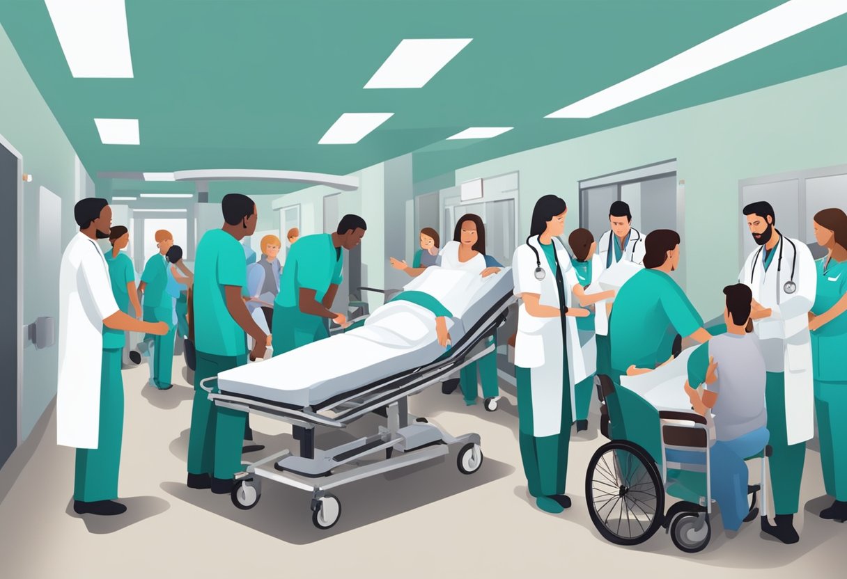 Uma sala de emergência movimentada com profissionais de saúde atendendo pacientes em macas e cadeiras de rodas, enquanto outros se movem rapidamente para ajudar.