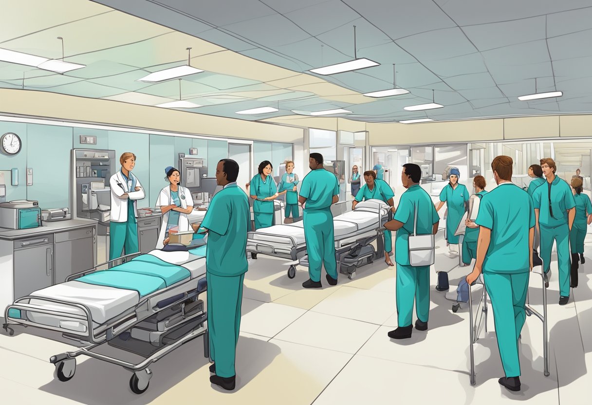Uma sala de emergência de hospital movimentada, com equipe médica atendendo pacientes, ambulâncias chegando e uma sensação de urgência no ar.