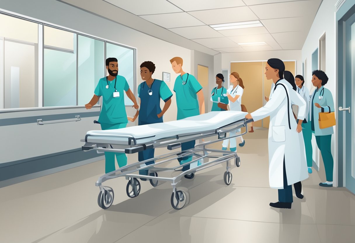 Uma equipe médica corre por um corredor do hospital, empurrando uma maca em direção à sala de emergência. Enfermeiros e médicos são vistos atendendo pacientes na área de espera.
