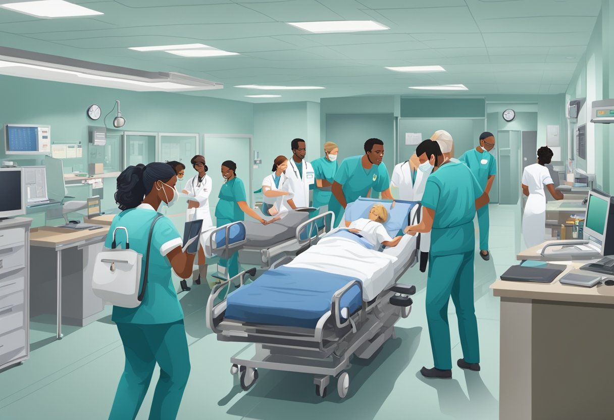 Uma sala de emergência movimentada, com profissionais de saúde atendendo pacientes e pessoal administrativo gerenciando as finanças do sistema público de saúde.