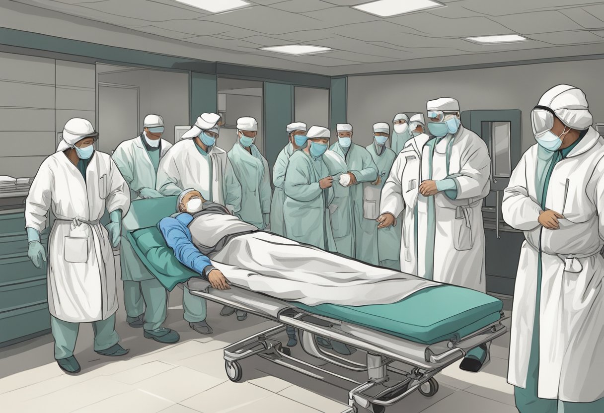 Uma pessoa sendo levada à força para um ambiente estéril e institucional por um grupo de figuras autoritárias.